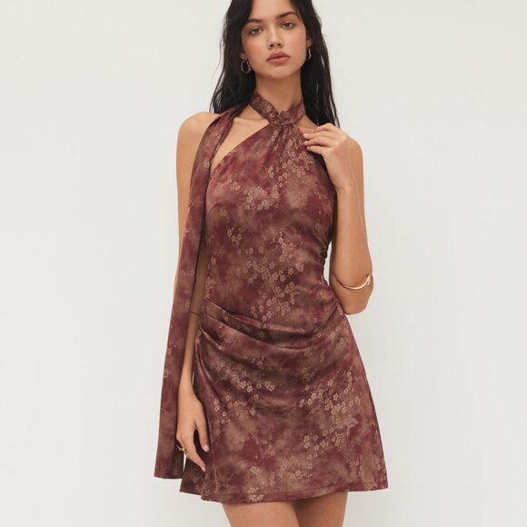 Free People Cherry Blossom Oriental Satin Floral Backless Mini Dress With Scarf - Picture 1 of 9